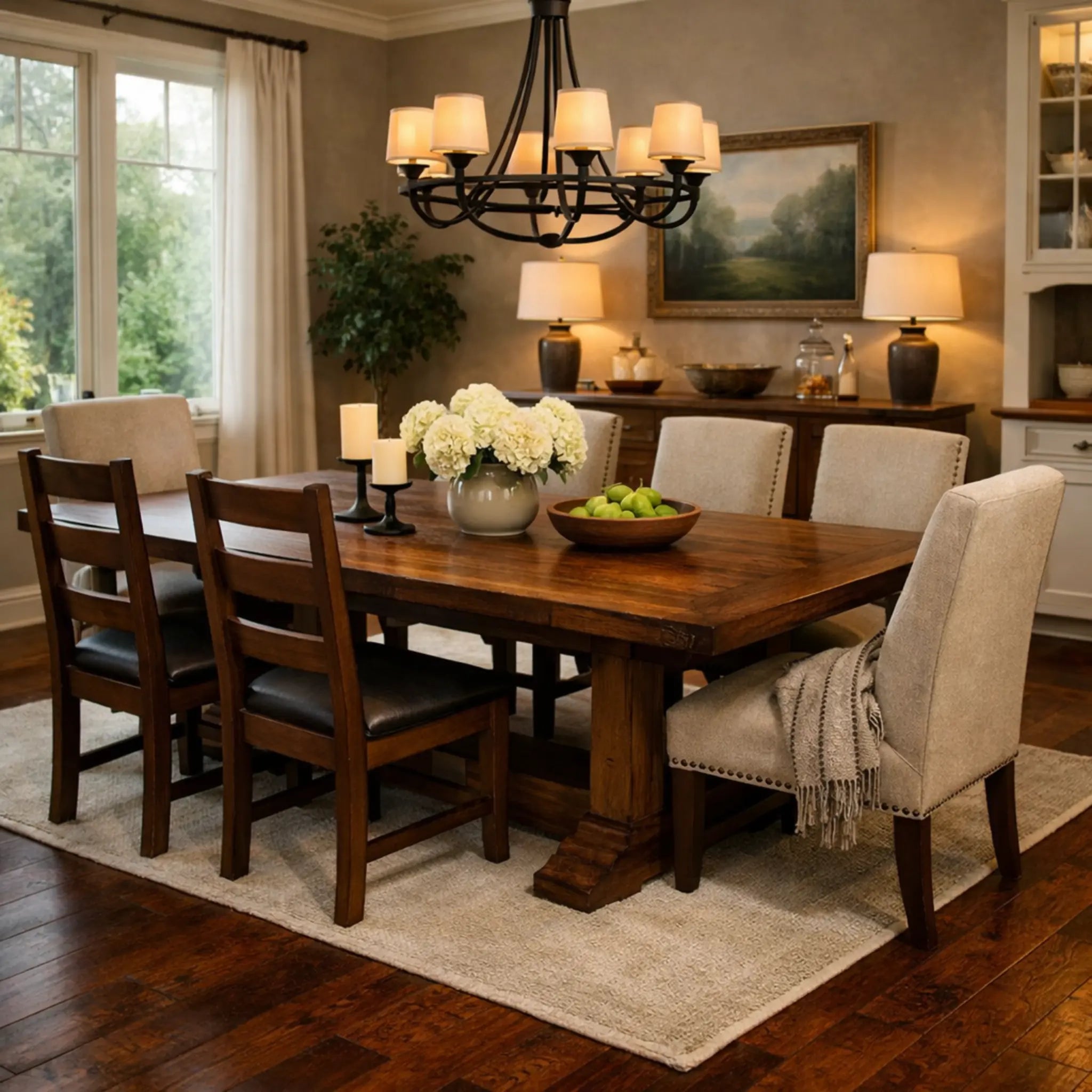 Dining room with wooden table and chairs, chandelier, and decor.