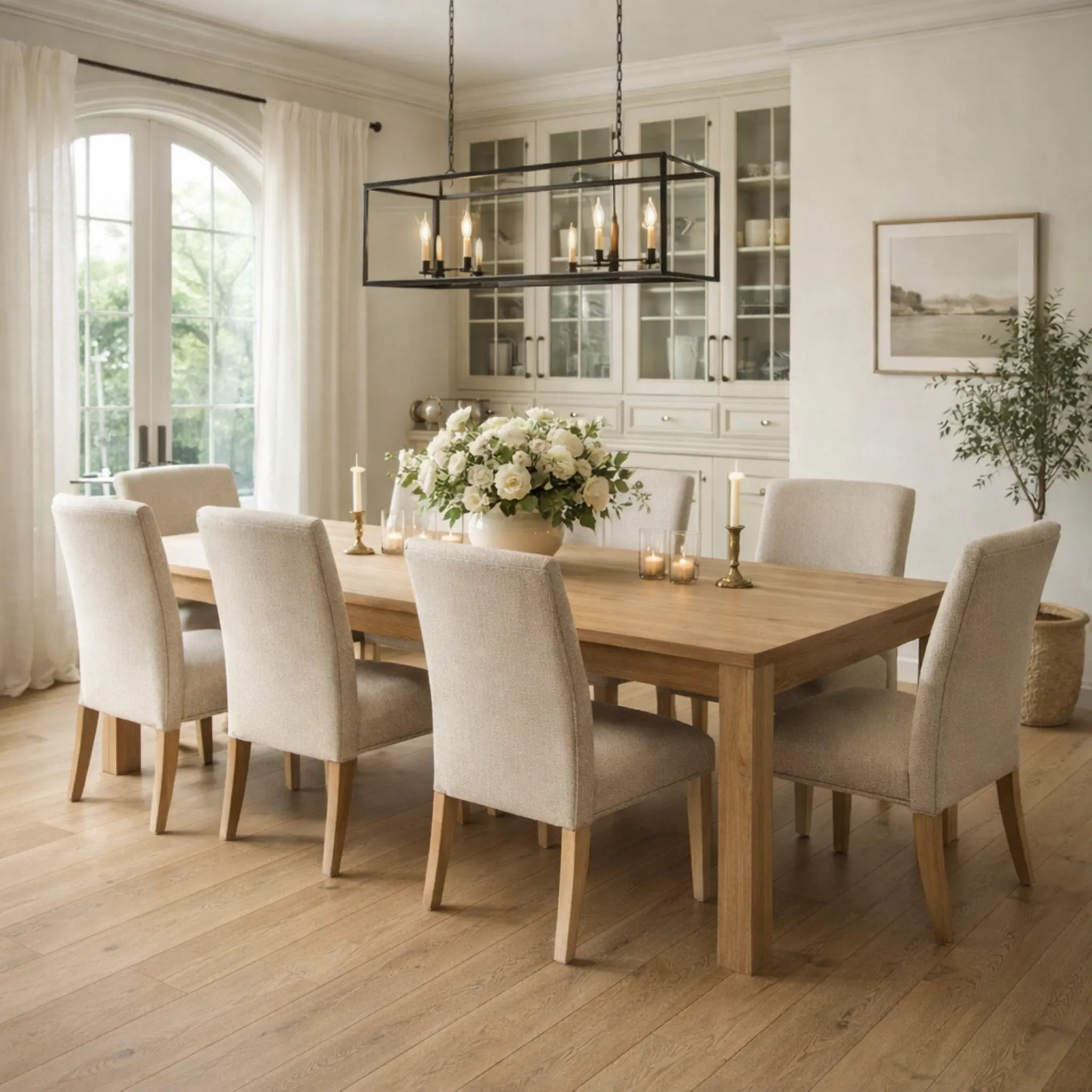 Dining room with wooden table and chairs, floral centerpiece, and chandelier.