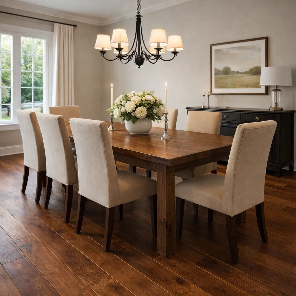 Dining room with wooden table and chairs, chandelier, and framed picture on the wall.