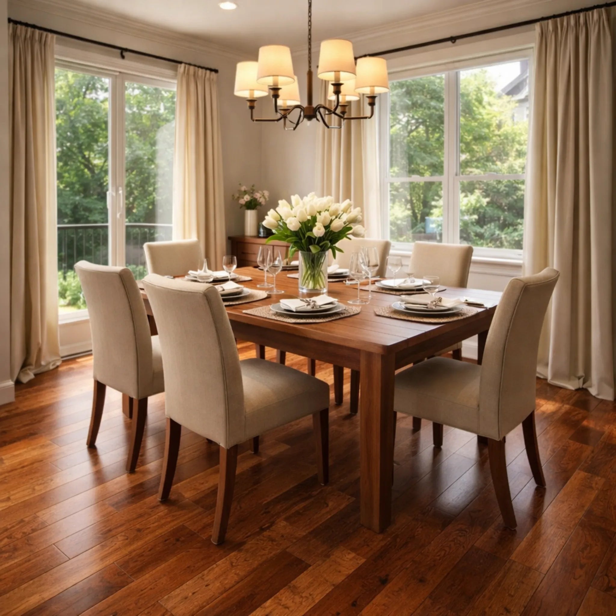 Dining room with wooden table and chairs, large windows, and a chandelier.