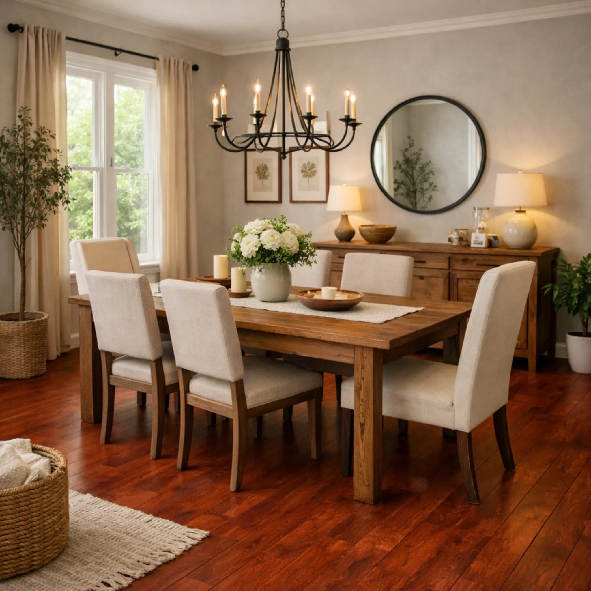 Dining room with wooden table, chairs, and decorative elements.
