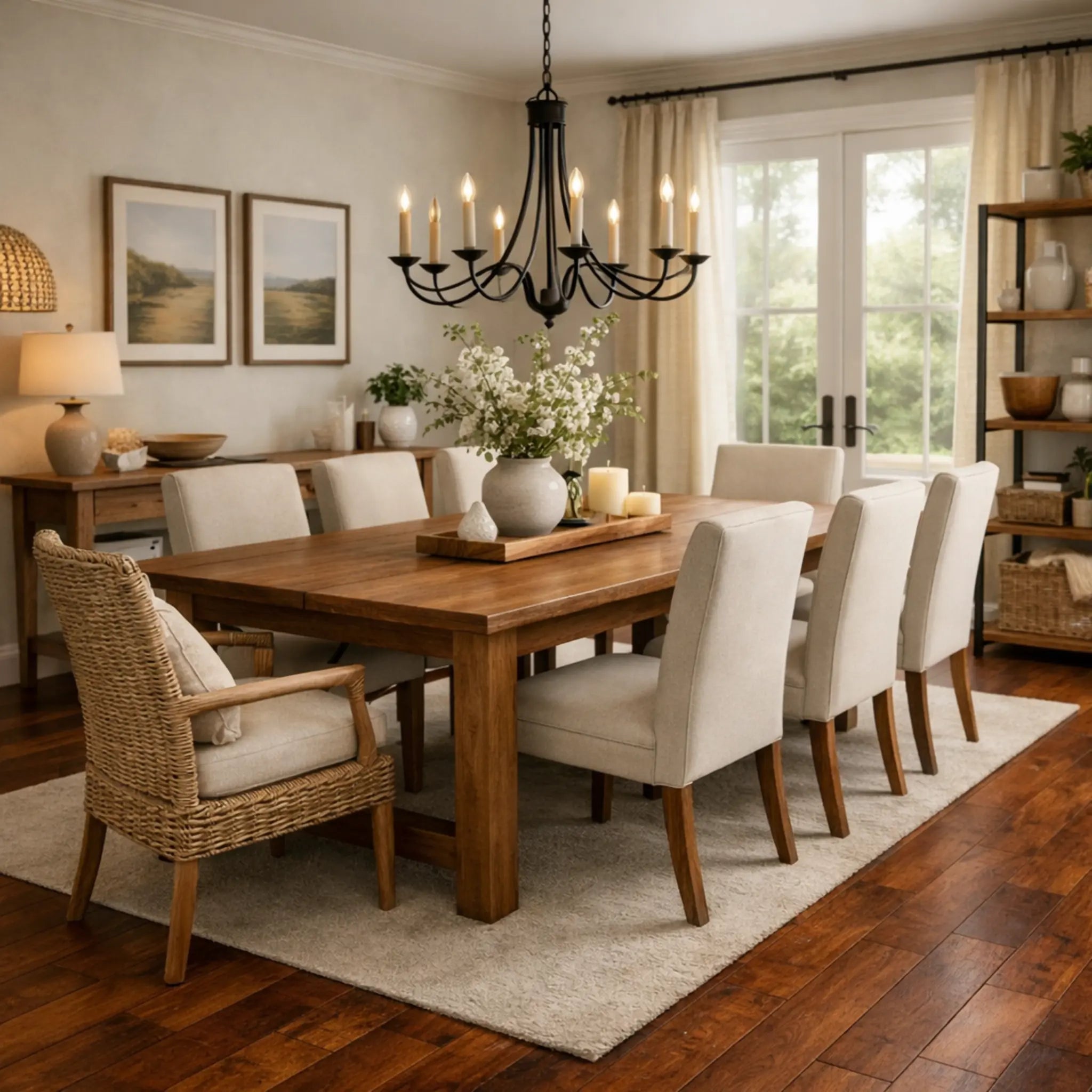 Dining room with wooden table and chairs, chandelier, and large windows.