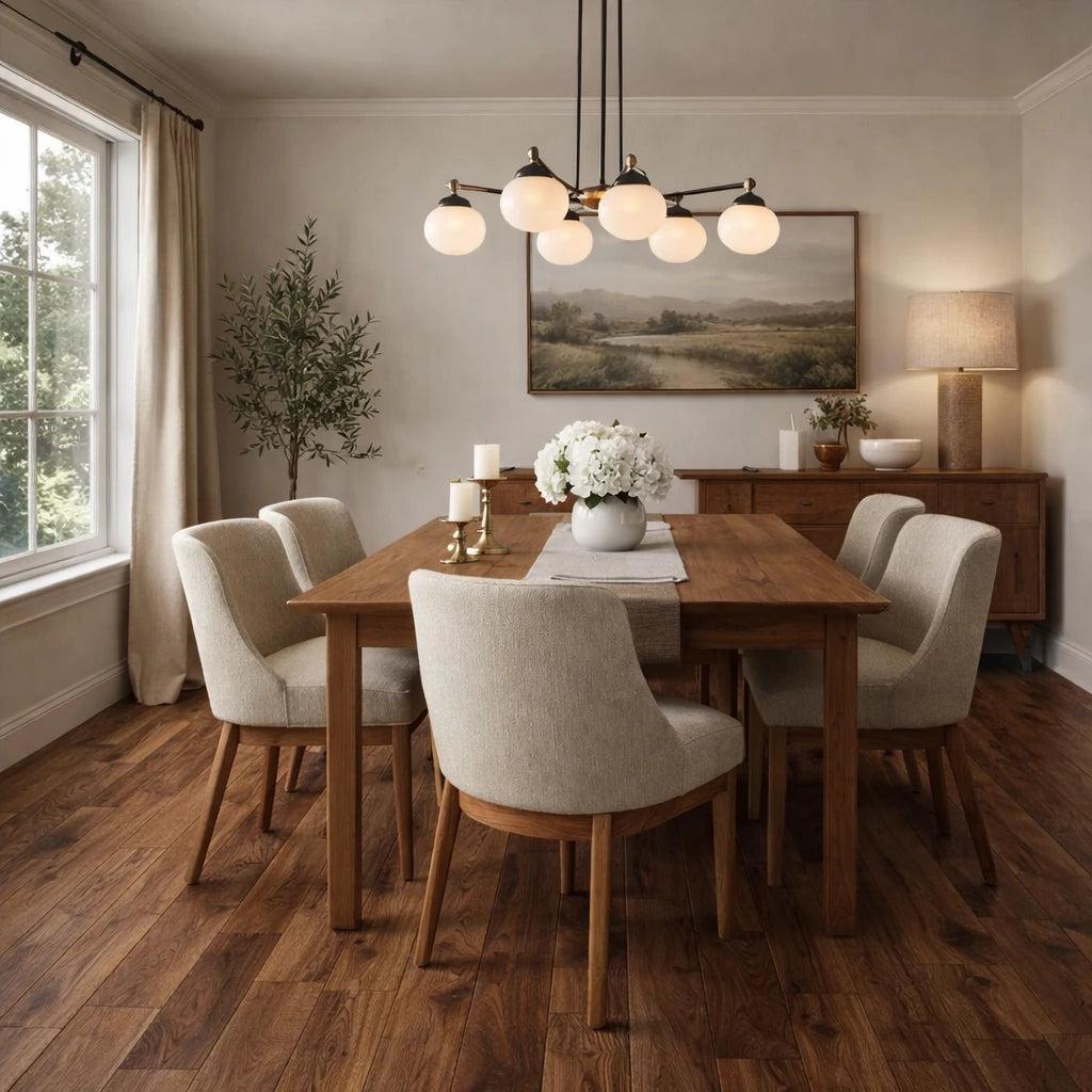 Dining room with wooden table and chairs, chandelier, and framed artwork.