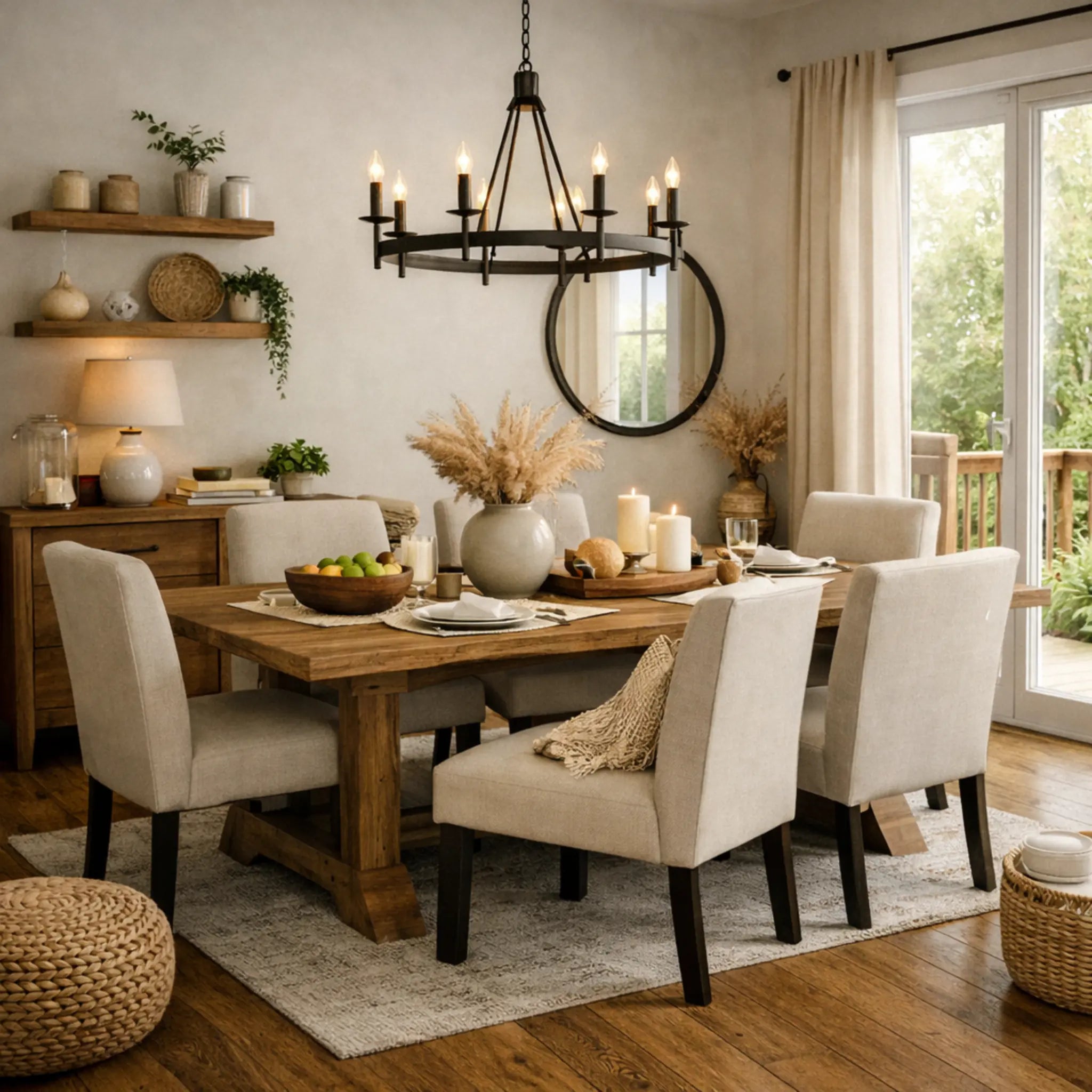 Dining room with wooden table, chairs, and decorative elements.