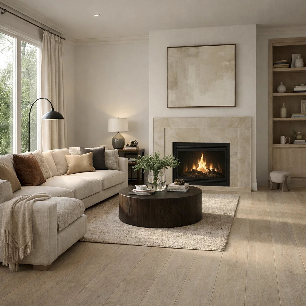 Cozy living room with a fireplace, sofa, and decorative items.