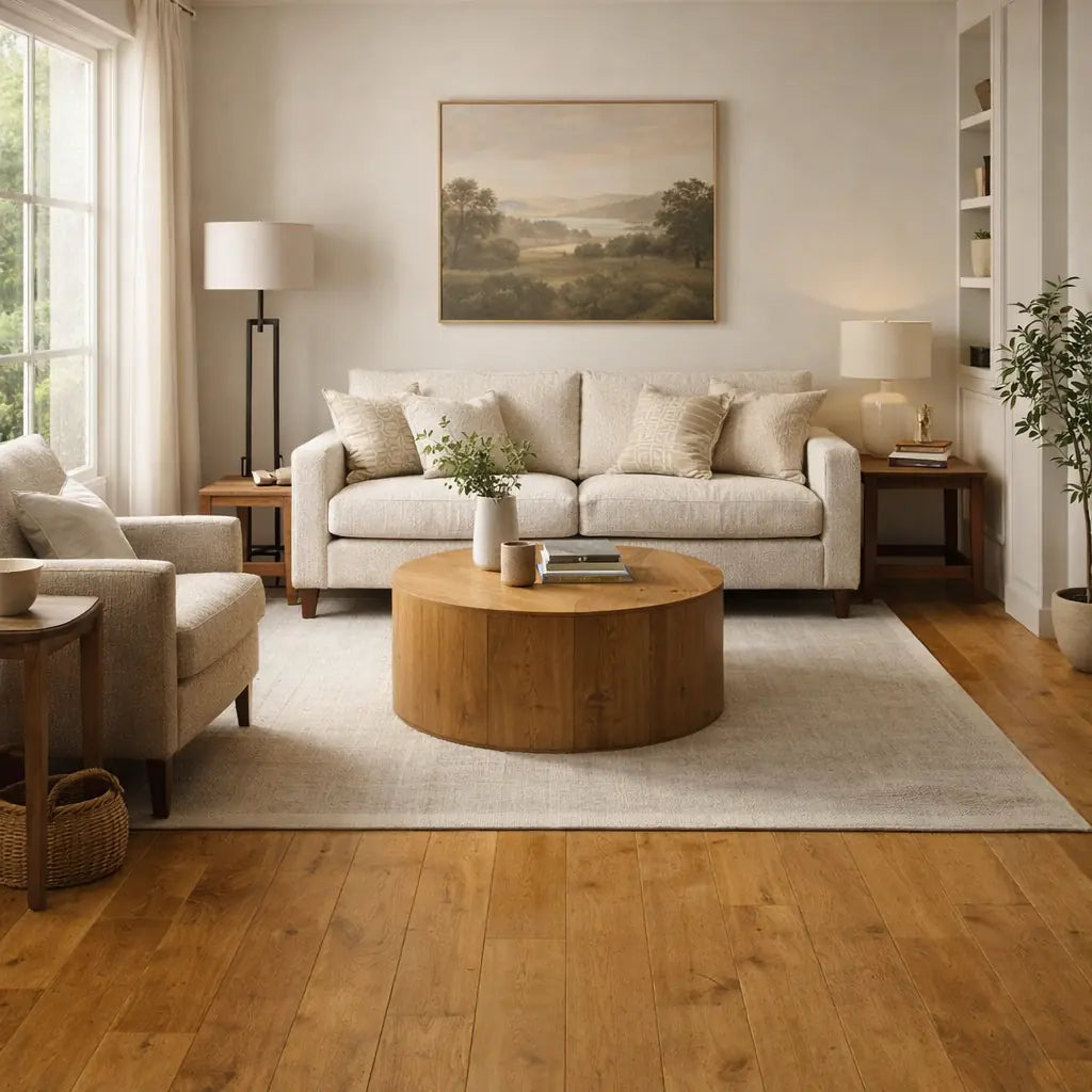 Living room with beige sofa, armchair, wooden coffee table, and landscape painting.