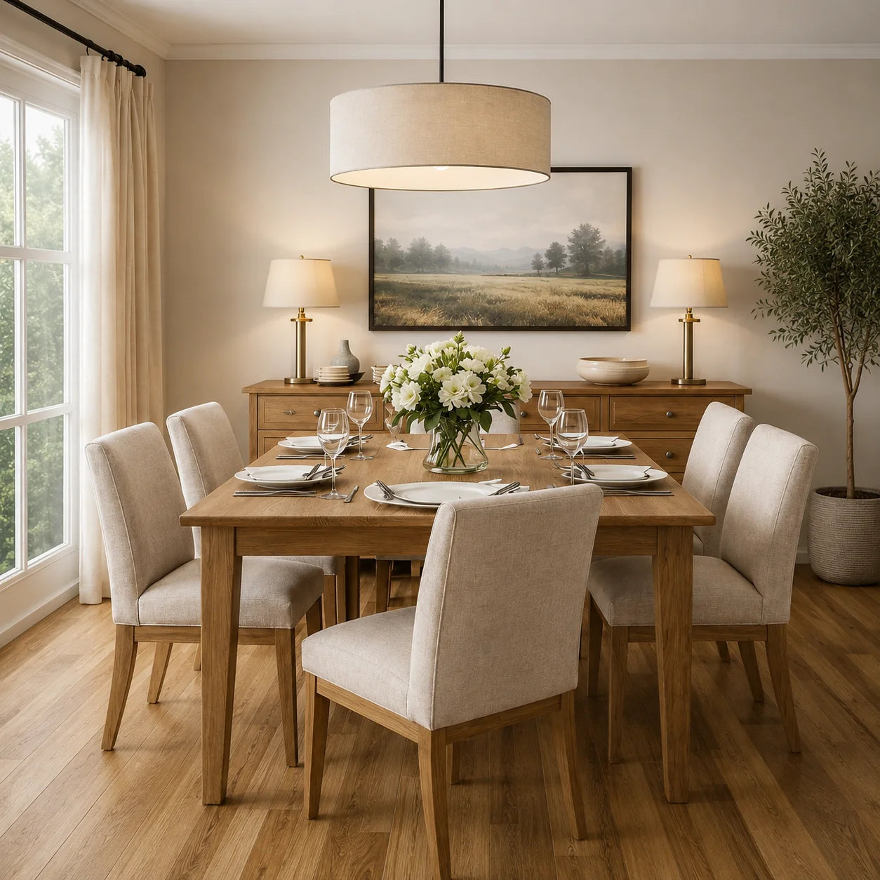 A staged dining room scene with a rectangular wooden dining table surrounded by six upholstered chairs in a warm neutral tone. The table is set with white plates, wine glasses, and a vase of white flowers, under a large cylindrical pendant light.