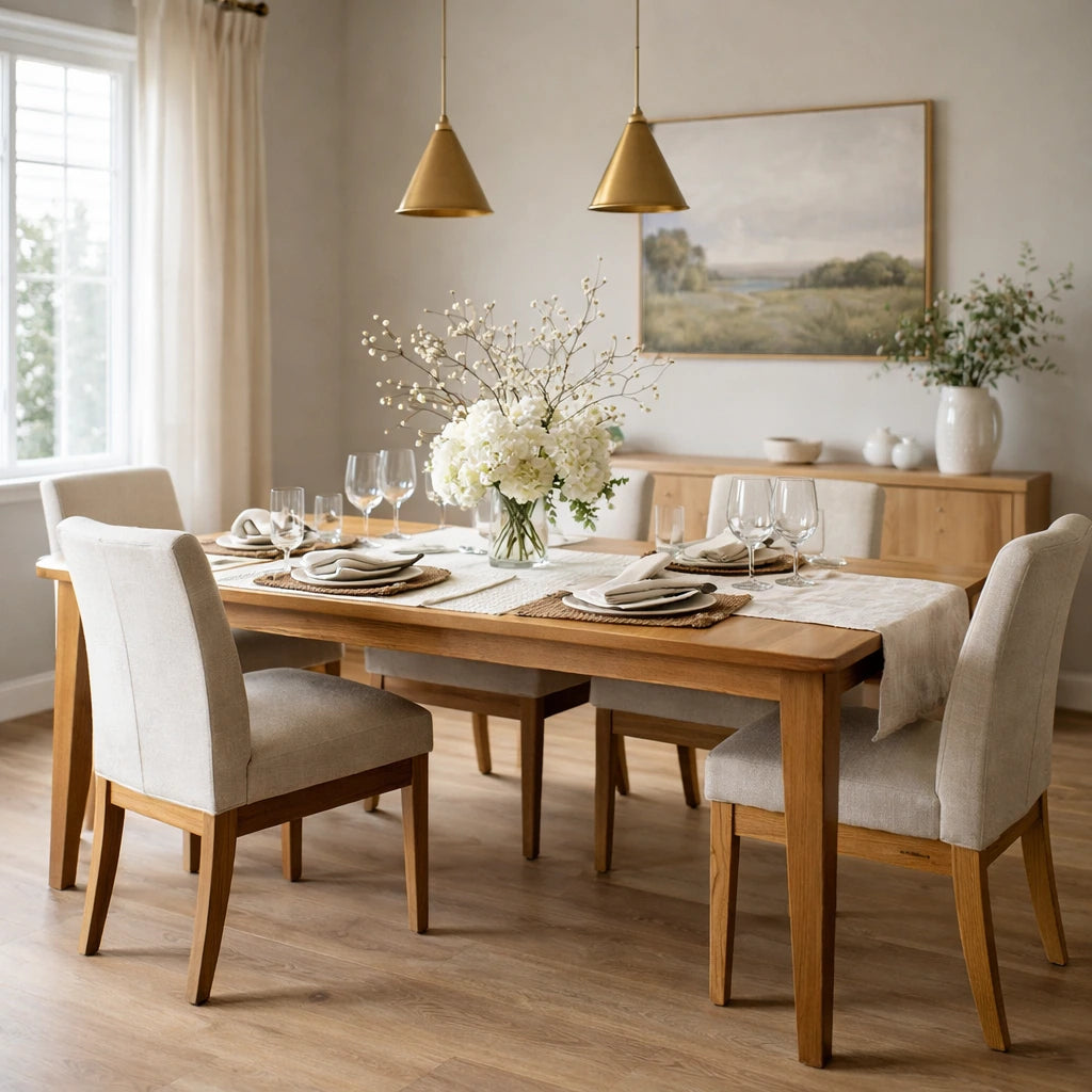 A staged dining room scene showing a rectangular wooden dining table set with white chairs, place settings, wine glasses, and a large floral centerpiece, with pendant lights, a window, and a wood cabinet in the background.