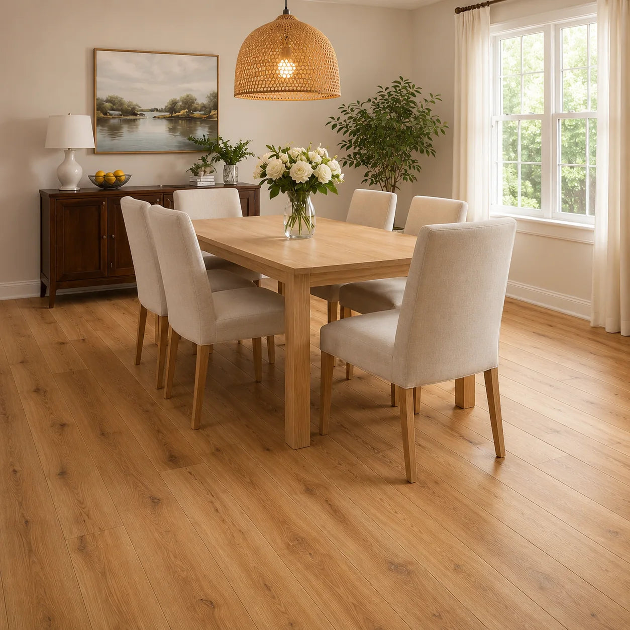 A dining room scene showing a light oak wood dining table with six upholstered cream chairs, set on warm wood plank flooring. A woven pendant light hangs above, and a window with white curtains is visible on the right.