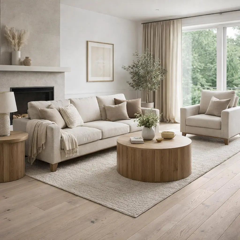 Modern living room with beige sofa, wooden coffee table, and large windows.