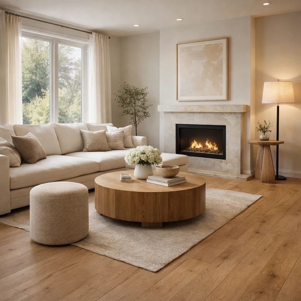 Cozy living room with beige sectional sofa, round wooden coffee table, and fireplace.