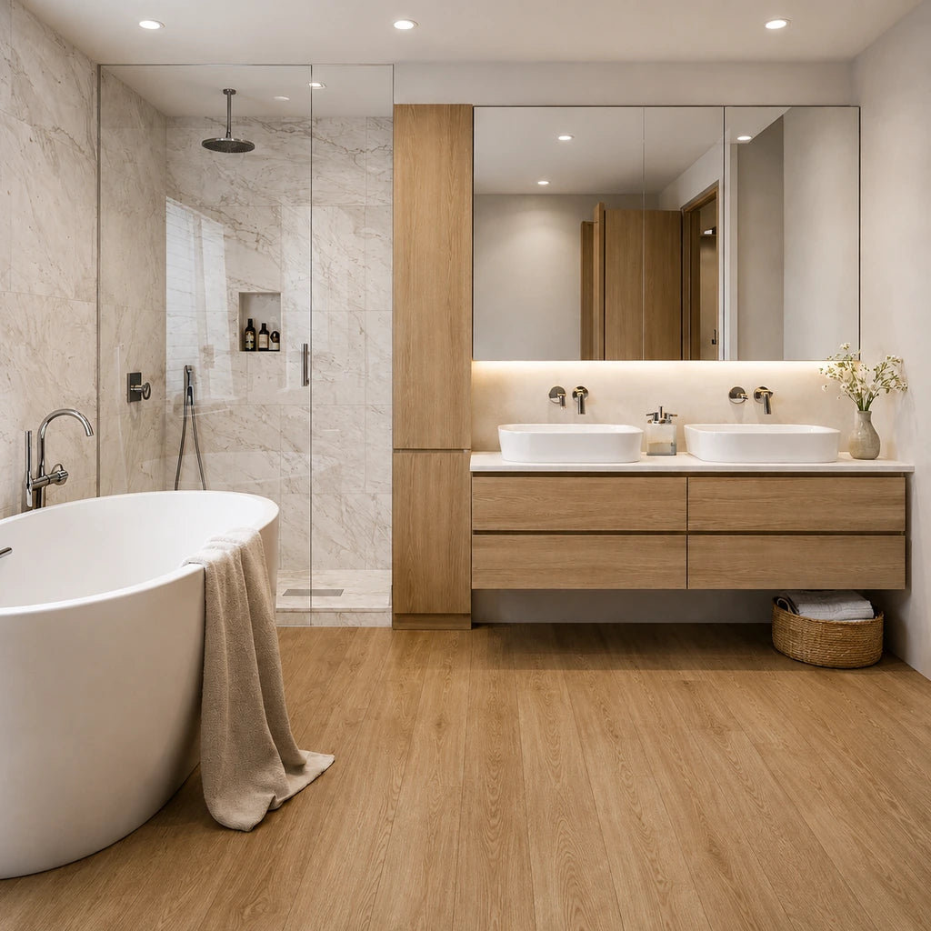 A modern bathroom interior with a freestanding white bathtub, double white sinks on a light wood vanity, marble walls, a glass shower enclosure, and wood-look flooring.