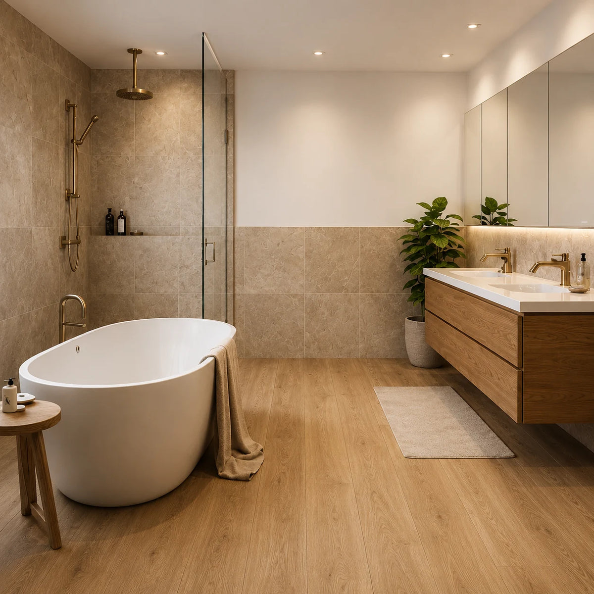 A modern bathroom interior with a freestanding oval bathtub, wood-look flooring, a glass shower enclosure, a floating wooden vanity with a white countertop, and a potted plant.