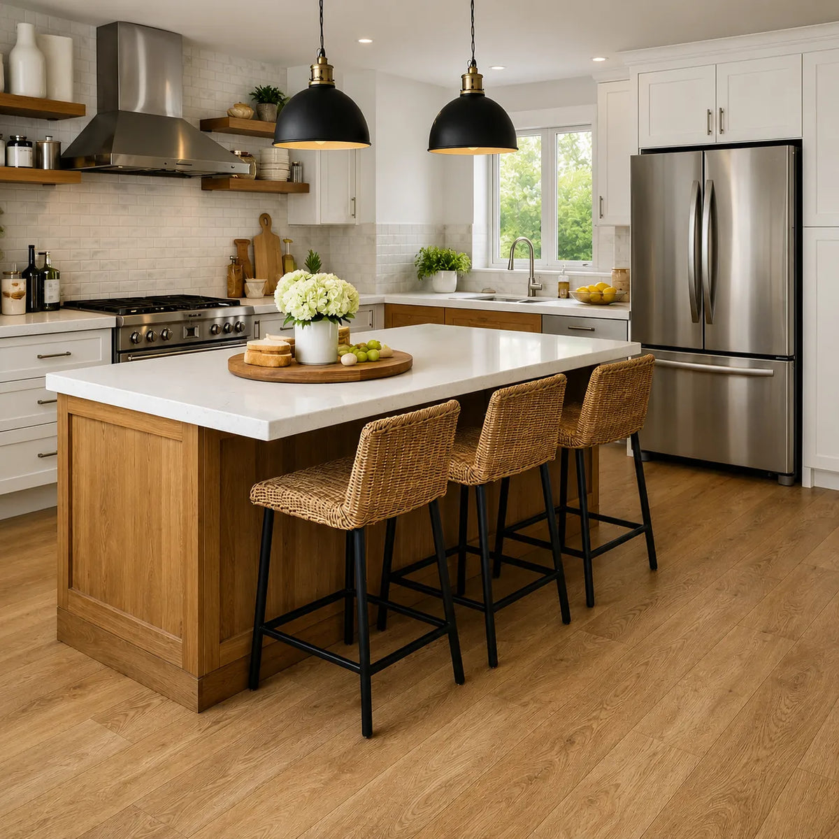A modern kitchen island with a white countertop and warm wood base, styled with three woven-back bar stools. The kitchen features white cabinets, stainless steel appliances, black pendant lights, and light oak wood flooring.