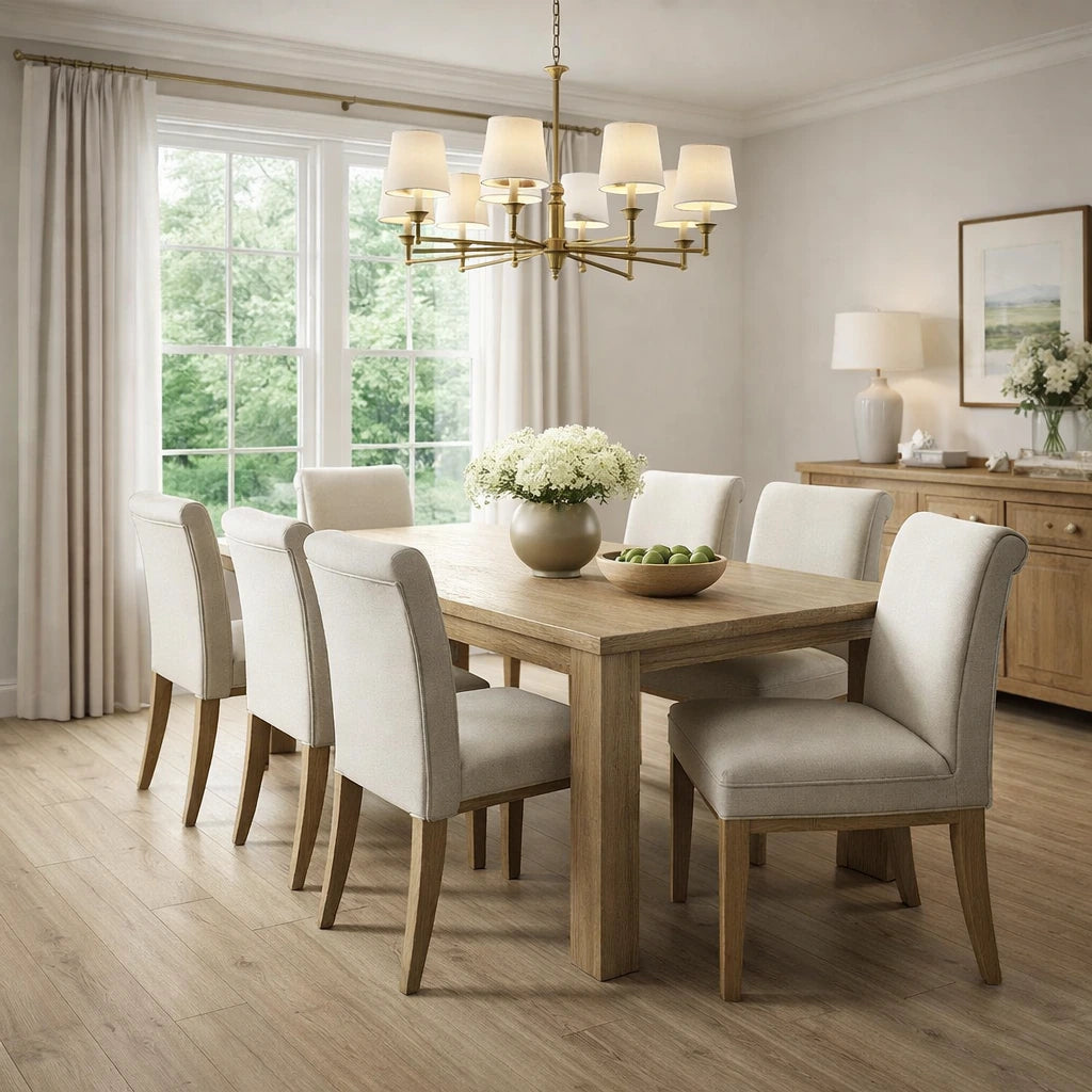 A dining room set featuring a rectangular light oak wood table and six upholstered dining chairs in a warm off-white fabric, arranged in a bright, modern dining room with a brass chandelier and large windows.