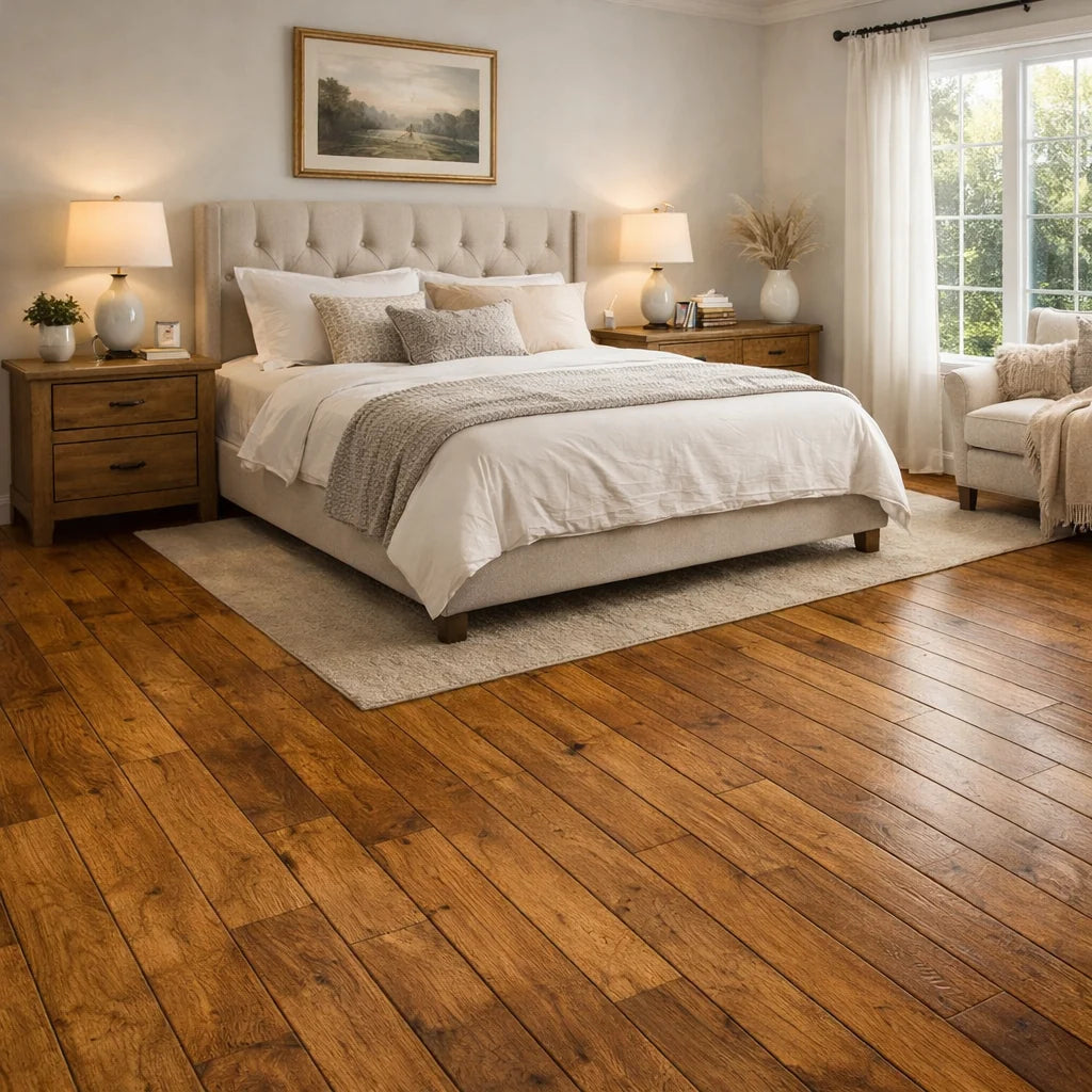 Neatly arranged bedroom with wooden flooring, bed, and decor.
