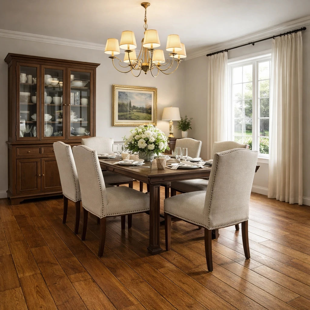 Dining room with wooden table, chairs, and a chandelier.