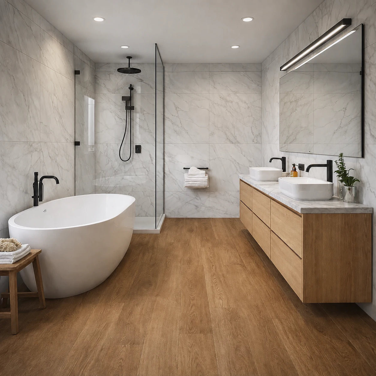 A modern bathroom interior with a freestanding white bathtub, glass shower enclosure, double vessel sinks on a wood vanity, and light wood flooring against white marble-look walls.