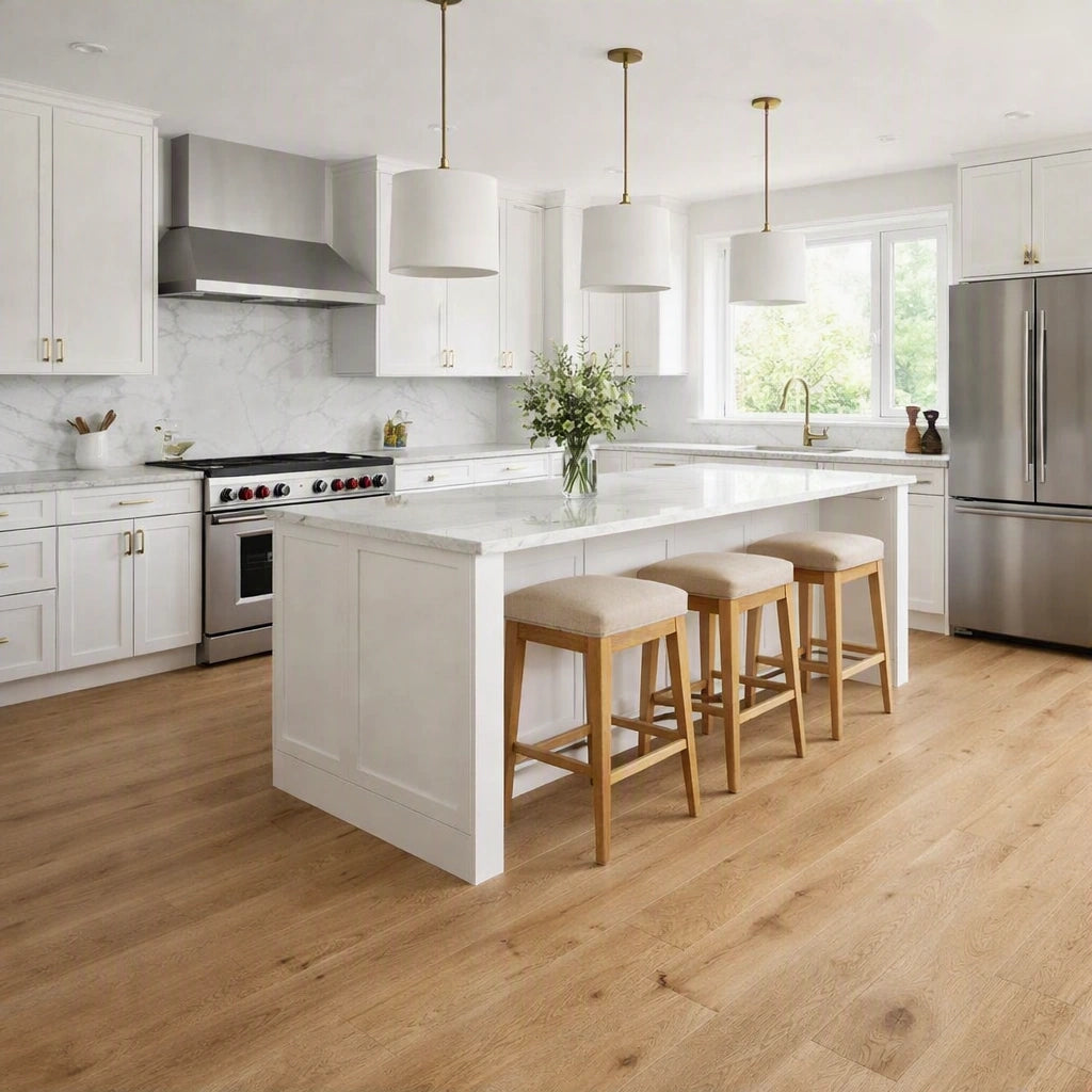 A bright, modern kitchen featuring a white island with a marble-look top, three wooden bar stools with beige cushions, white cabinetry, stainless steel appliances, and light oak wood flooring.