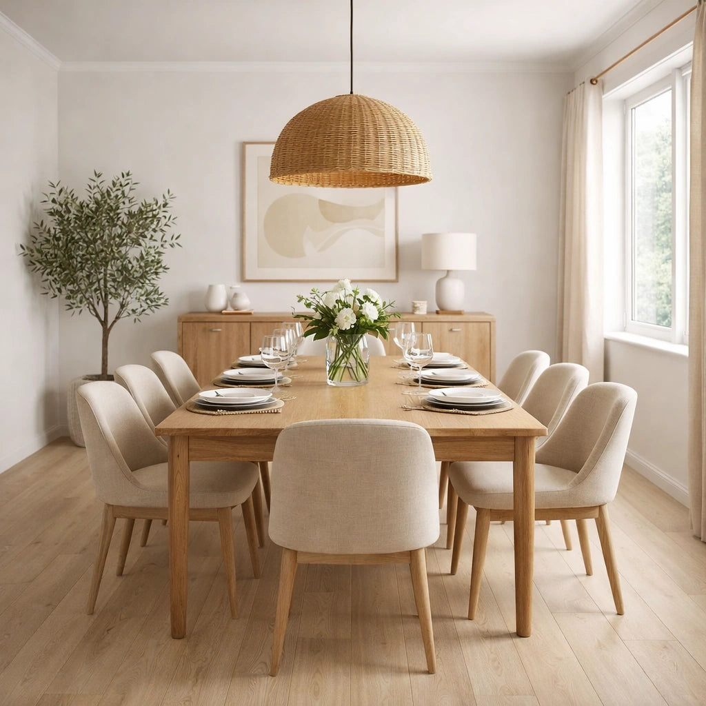 A styled dining room scene featuring a light oak wood dining table surrounded by eight upholstered dining chairs in a warm beige fabric, set with white plates and a vase of flowers. A large woven wicker pendant light hangs above, and a wooden credenza and a potted olive tree are in the background.
