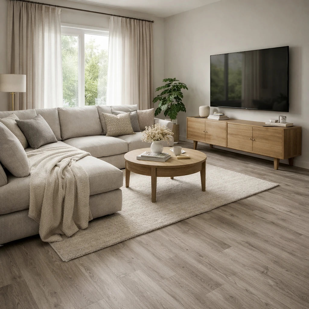 A modern living room featuring a light beige sectional sofa, a round wooden coffee table, a light wood media console with a flat-screen TV, and gray-brown wood-look flooring.