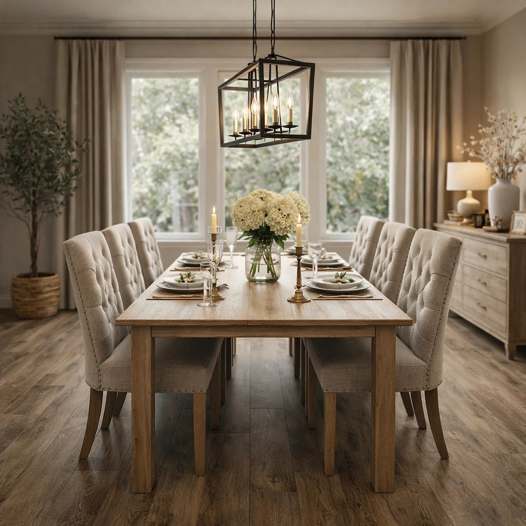 A staged dining room scene with a rectangular wooden dining table set for six, surrounded by upholstered tufted chairs. The table is decorated with plates, candlesticks, and a vase of white flowers.