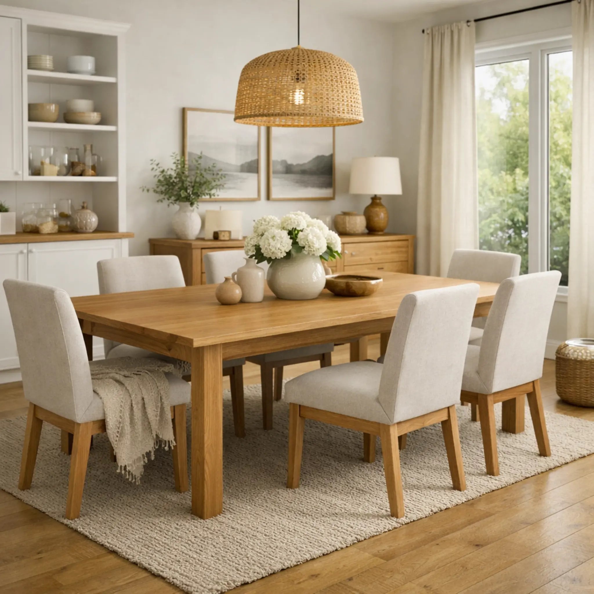 Dining room with wooden table and chairs, decorative elements, and large windows.