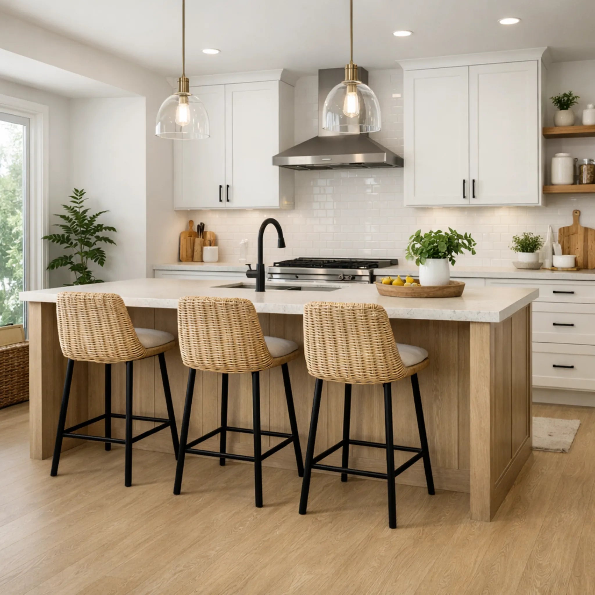 Modern kitchen with white cabinets, marble island, and wicker bar stools.