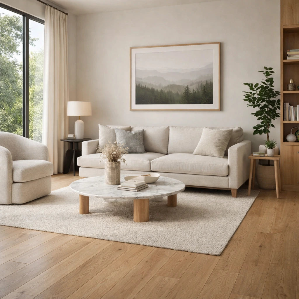 Modern living room with beige sofa, coffee table, and decorative elements.