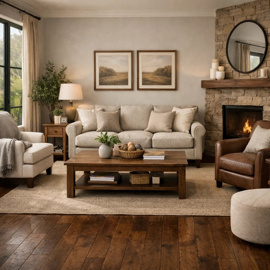 Cozy living room with a fireplace, sofa, and coffee table.