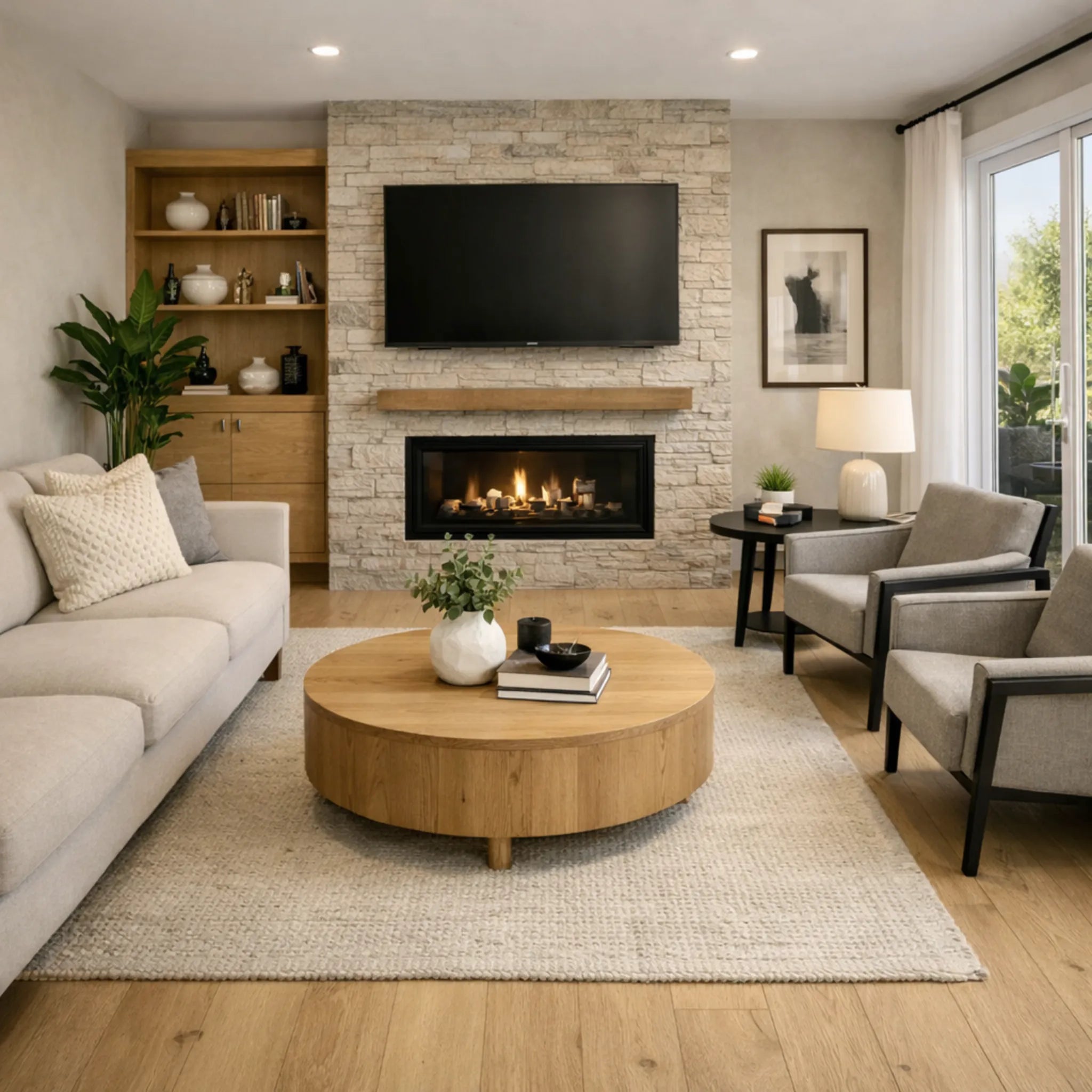 Modern living room with a fireplace, TV, and furniture.