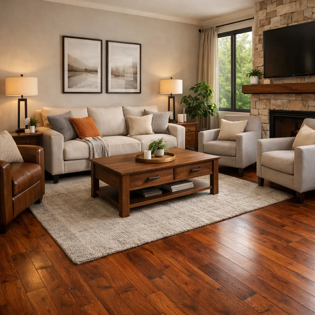 Cozy living room with beige sofa, armchair, wooden coffee table, and fireplace.