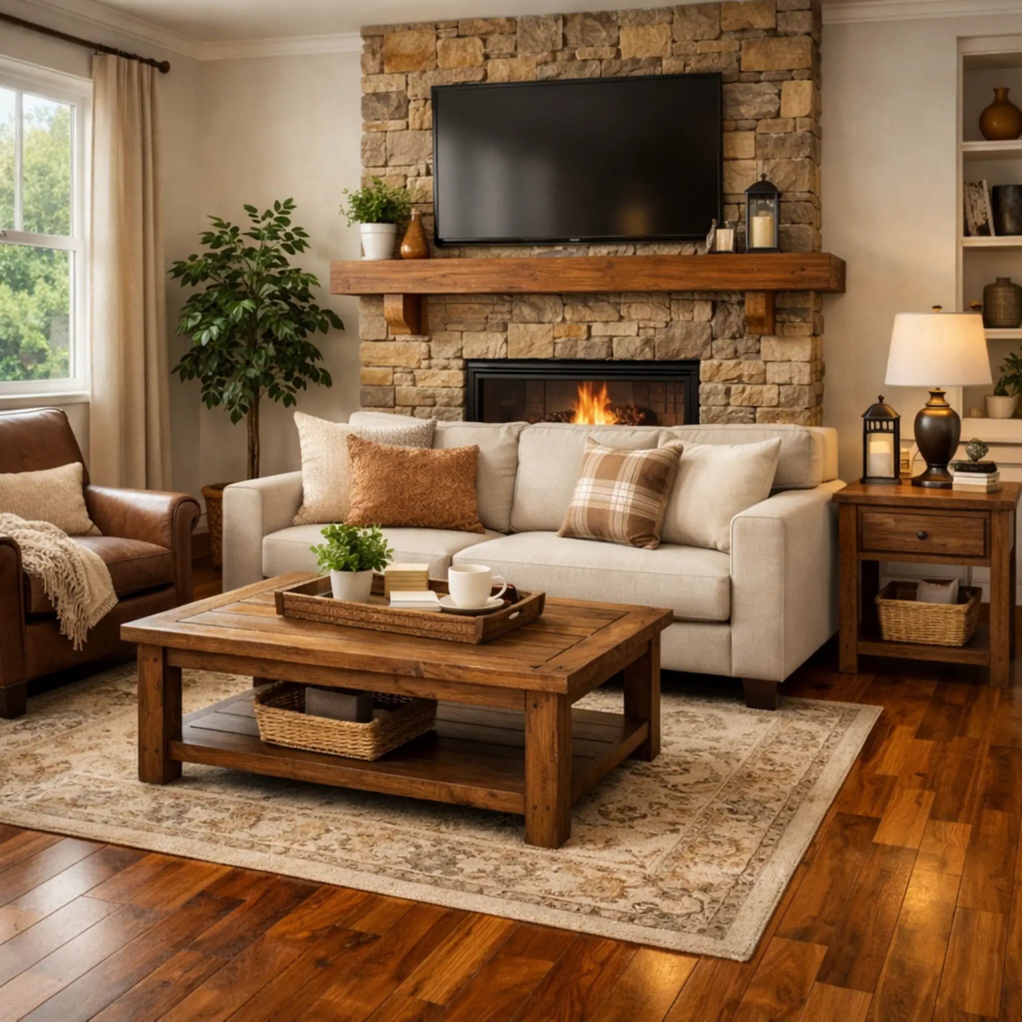 Cozy living room with stone fireplace, sectional sofa, and wooden coffee table.