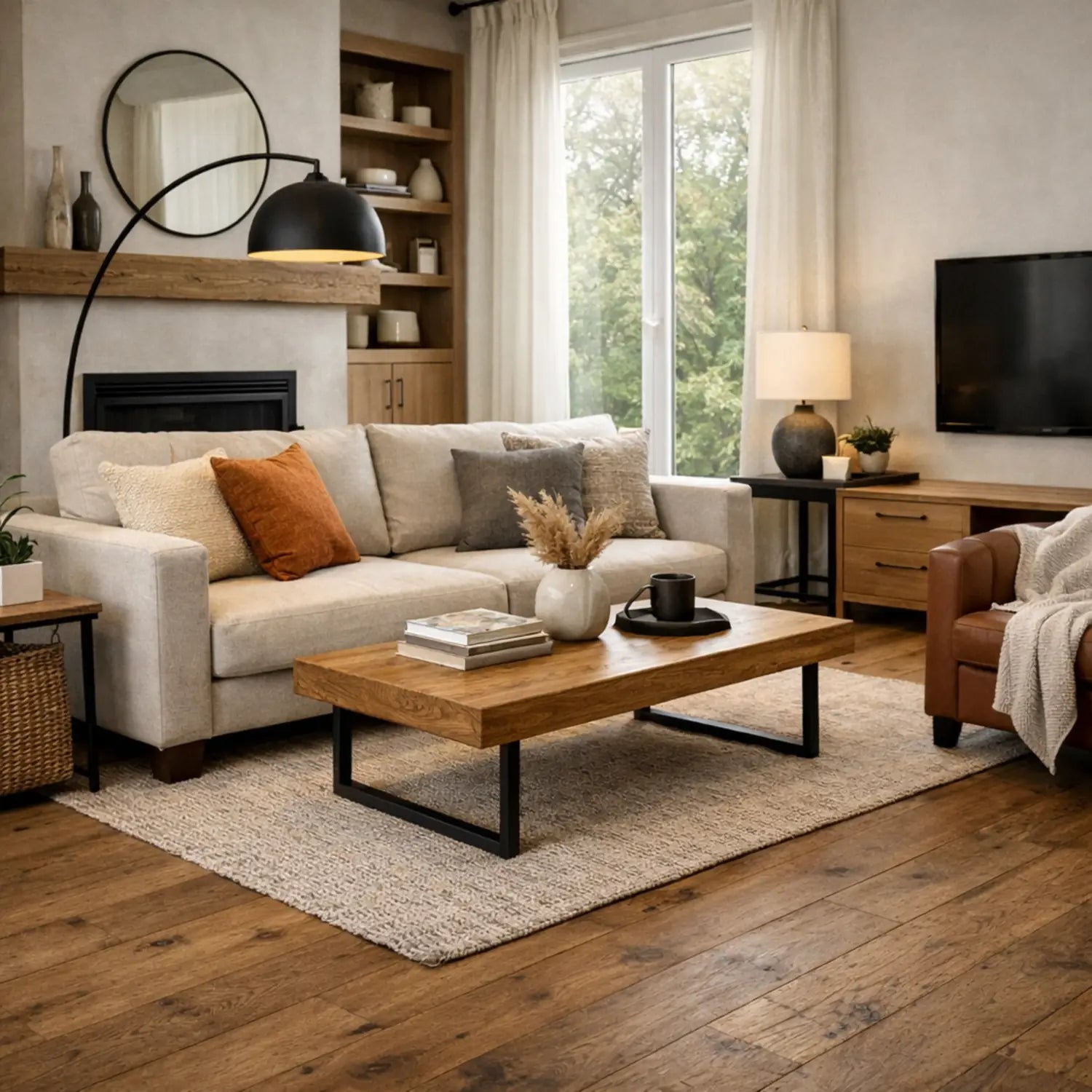 Living room with a beige sofa, wooden coffee table, and large window.