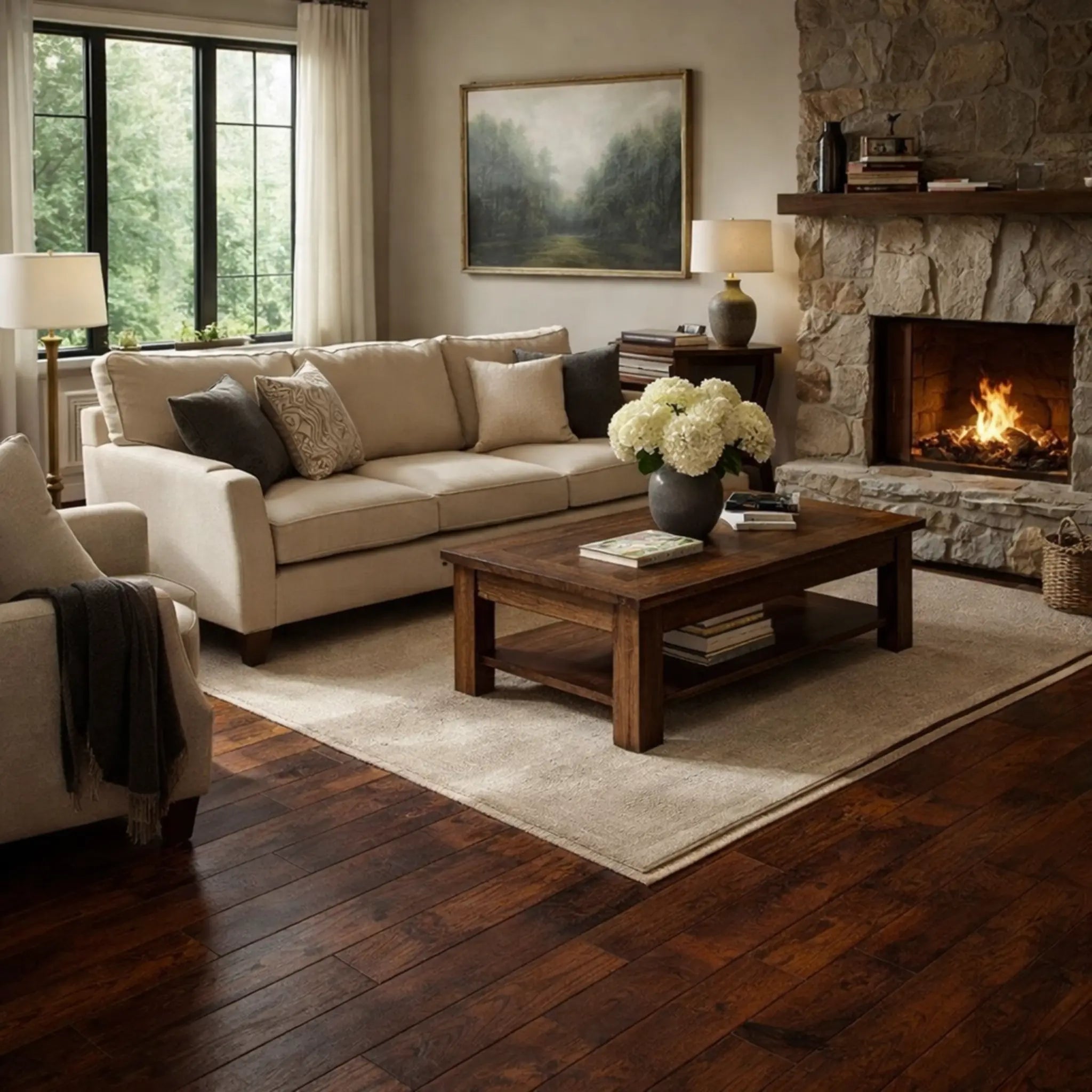 Cozy living room with a fireplace, beige sofa, and wooden coffee table.