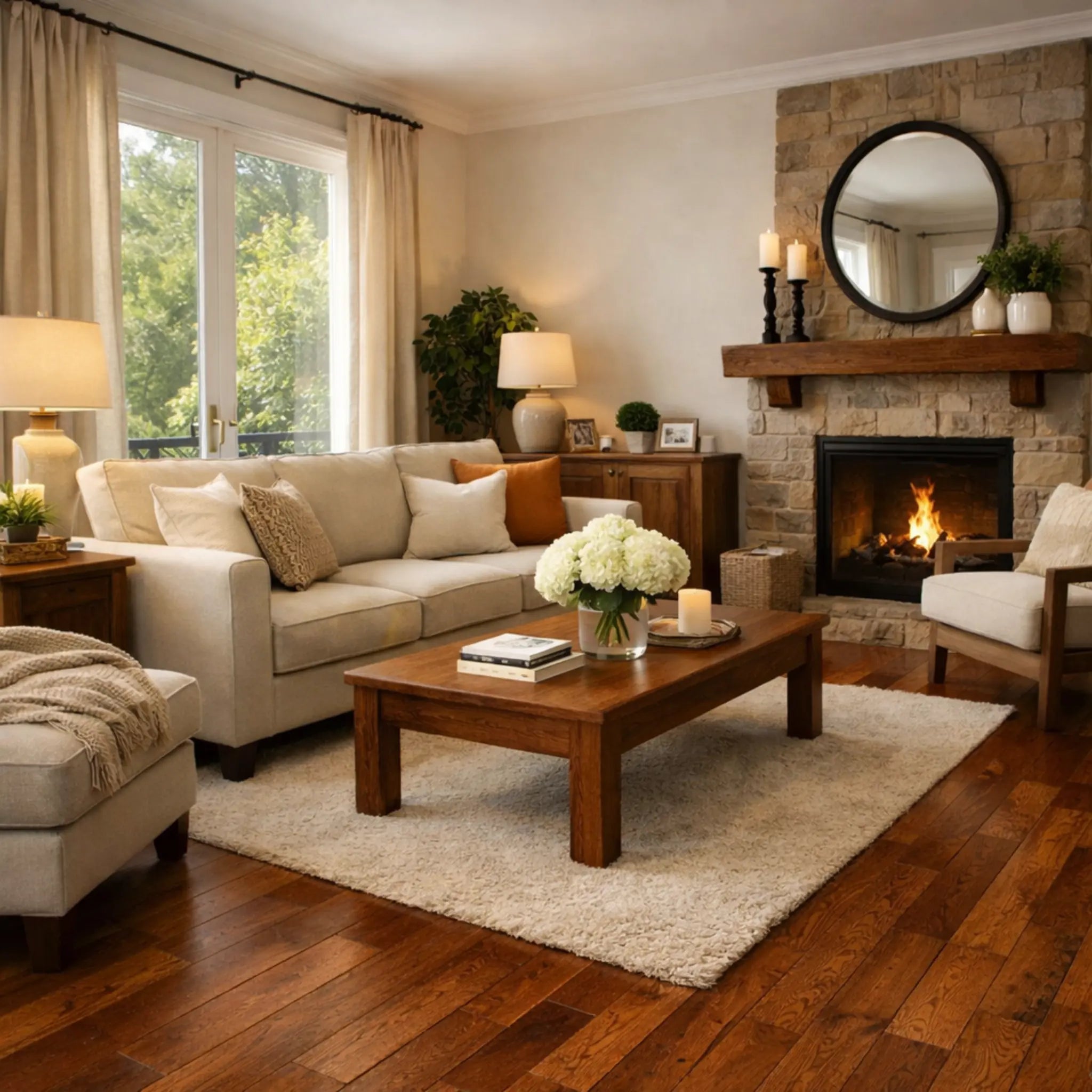 Cozy living room with a fireplace, wooden coffee table, and beige sofa.