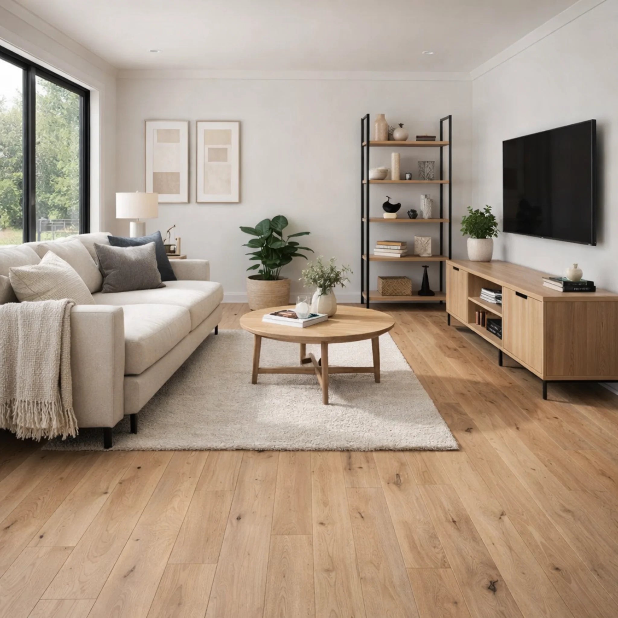 Modern living room with beige sofa, wooden coffee table, and TV stand.