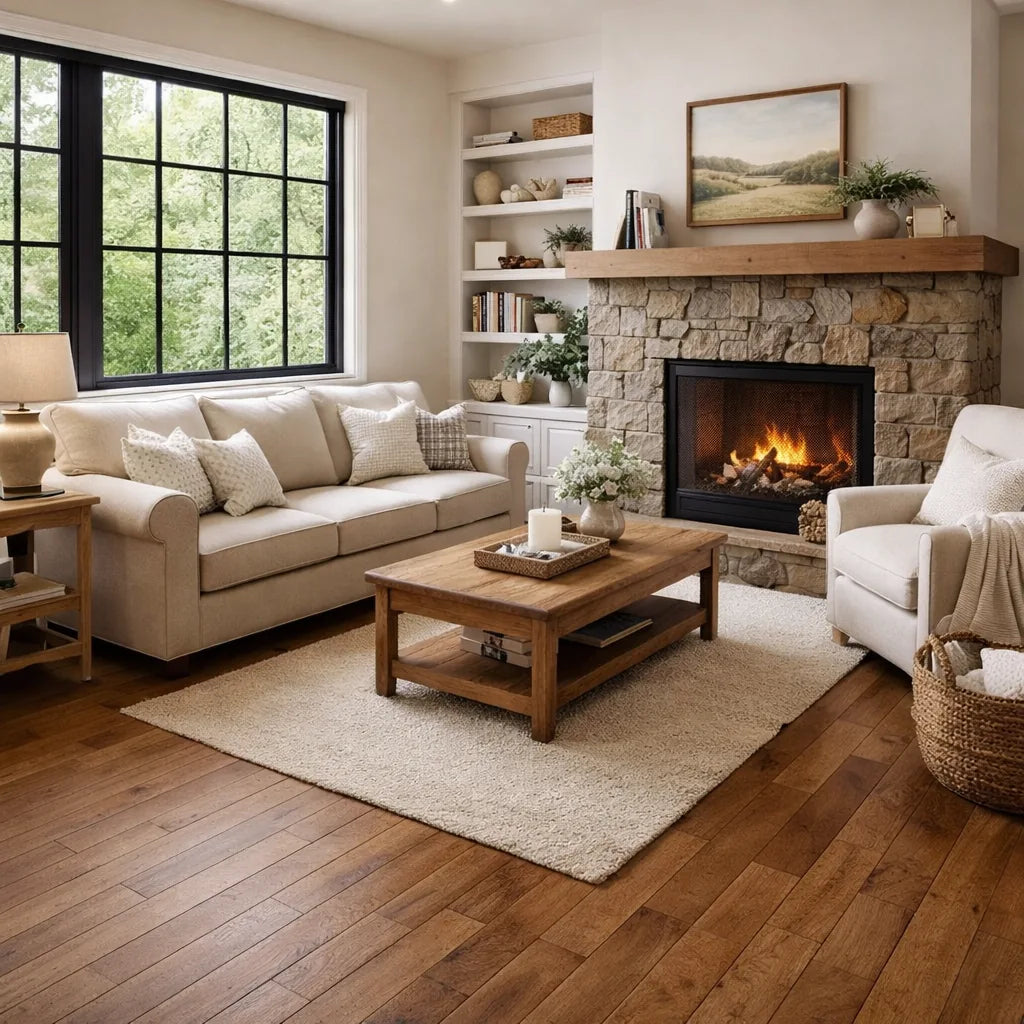 Cozy living room with a fireplace, couch, and coffee table.