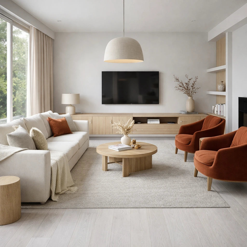 Modern living room with beige sofa, orange armchairs, and a TV on a wooden stand.