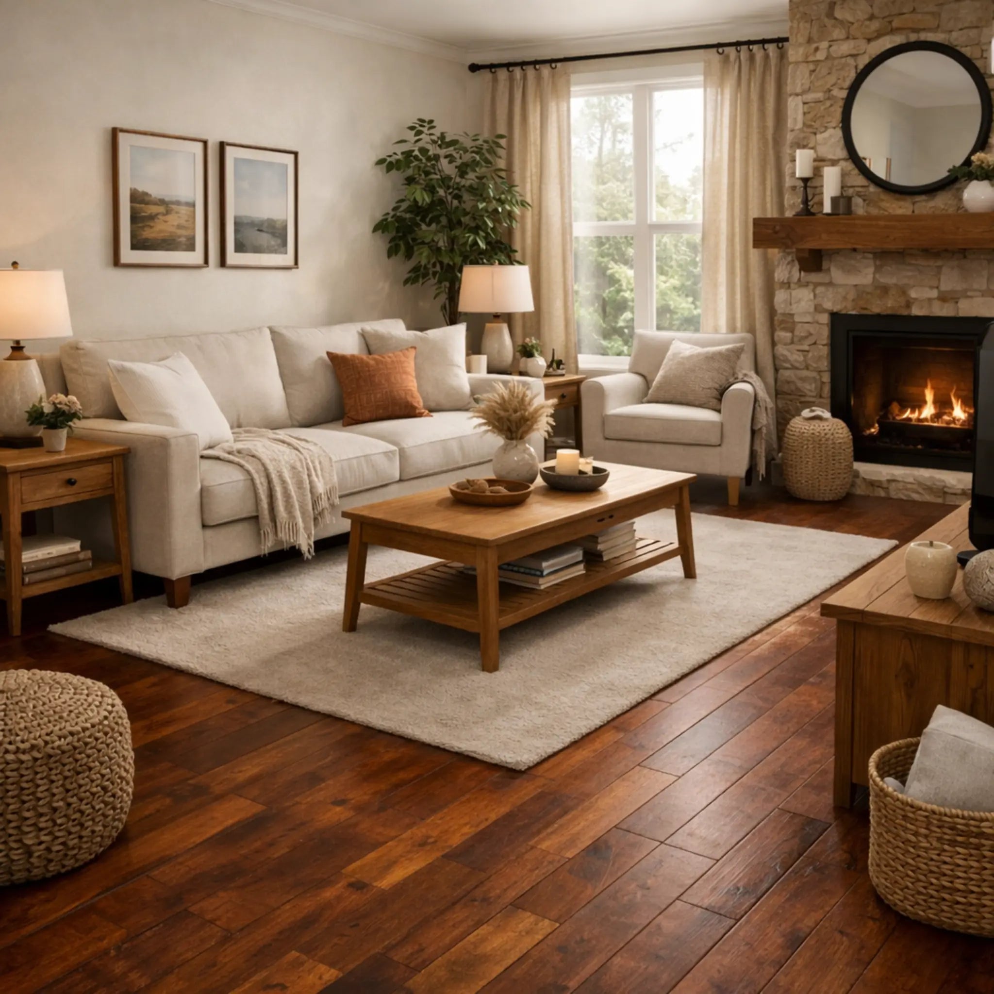 Cozy living room with a fireplace, wooden coffee table, and comfortable seating.