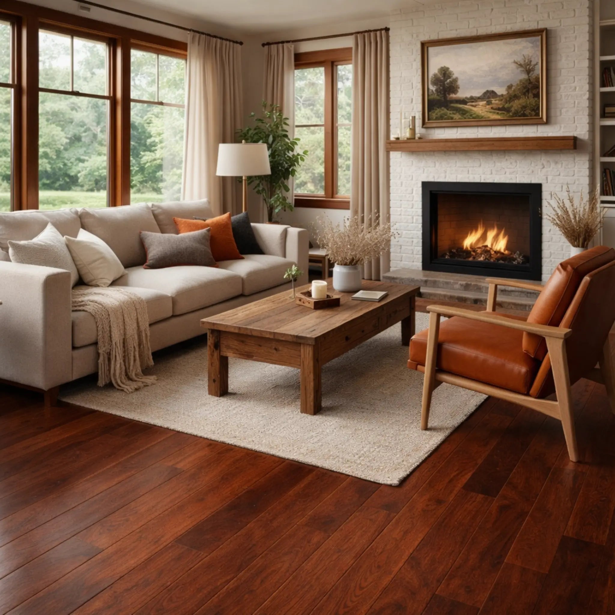 Cozy living room with a fireplace, wooden coffee table, and comfortable seating.