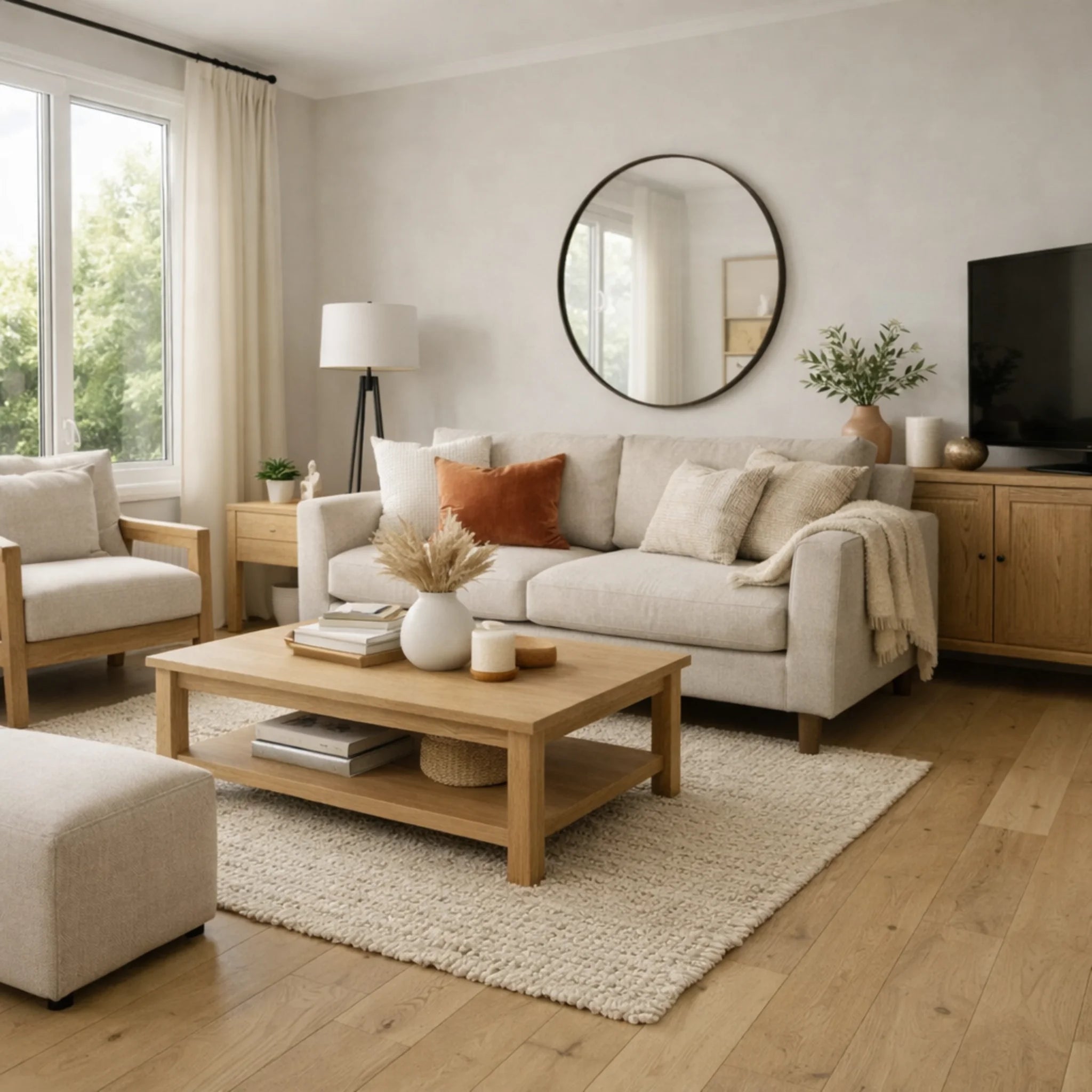 Living room with beige sofa, wooden coffee table, and round mirror on the wall.