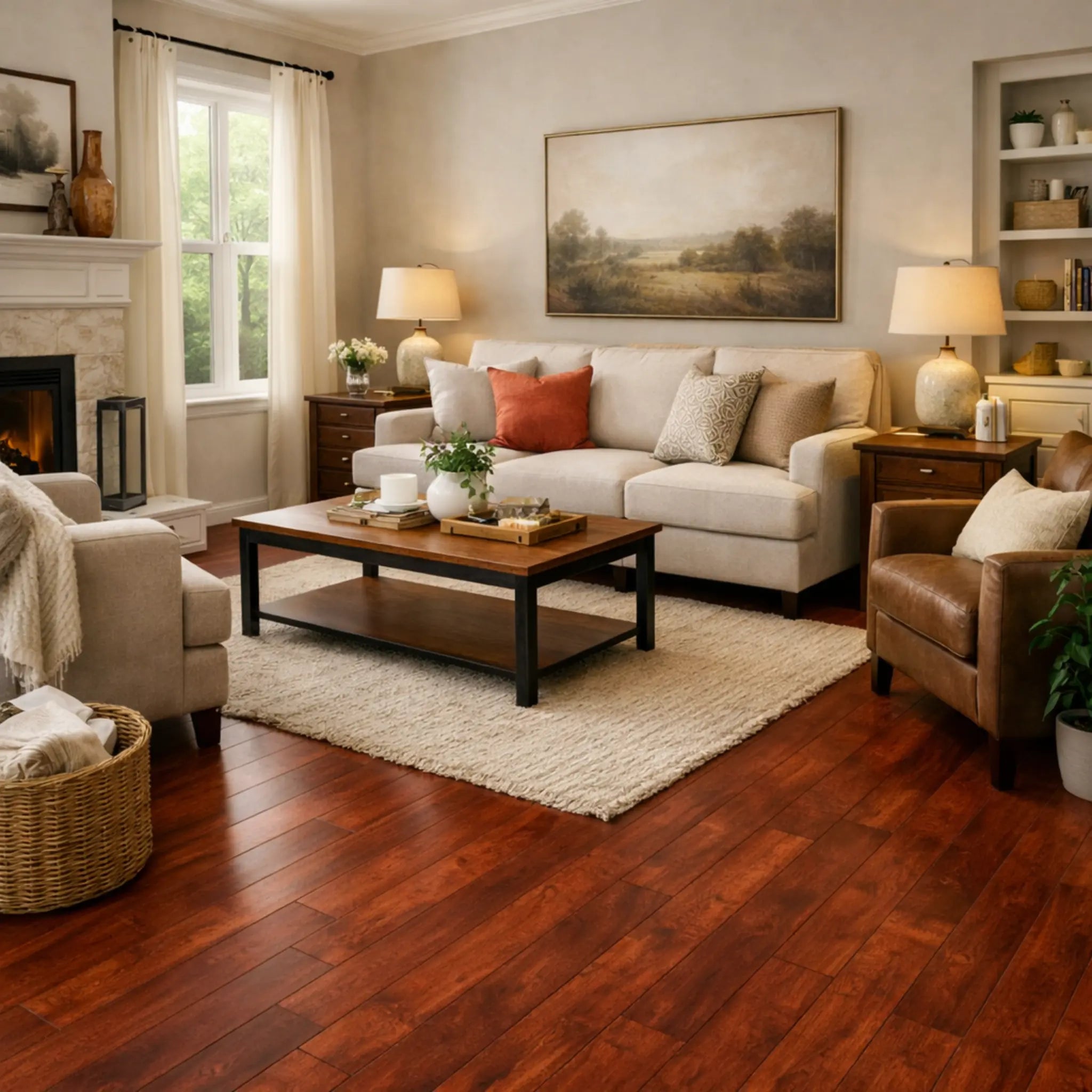 Living room with beige sofa, brown coffee table, and decorative elements.
