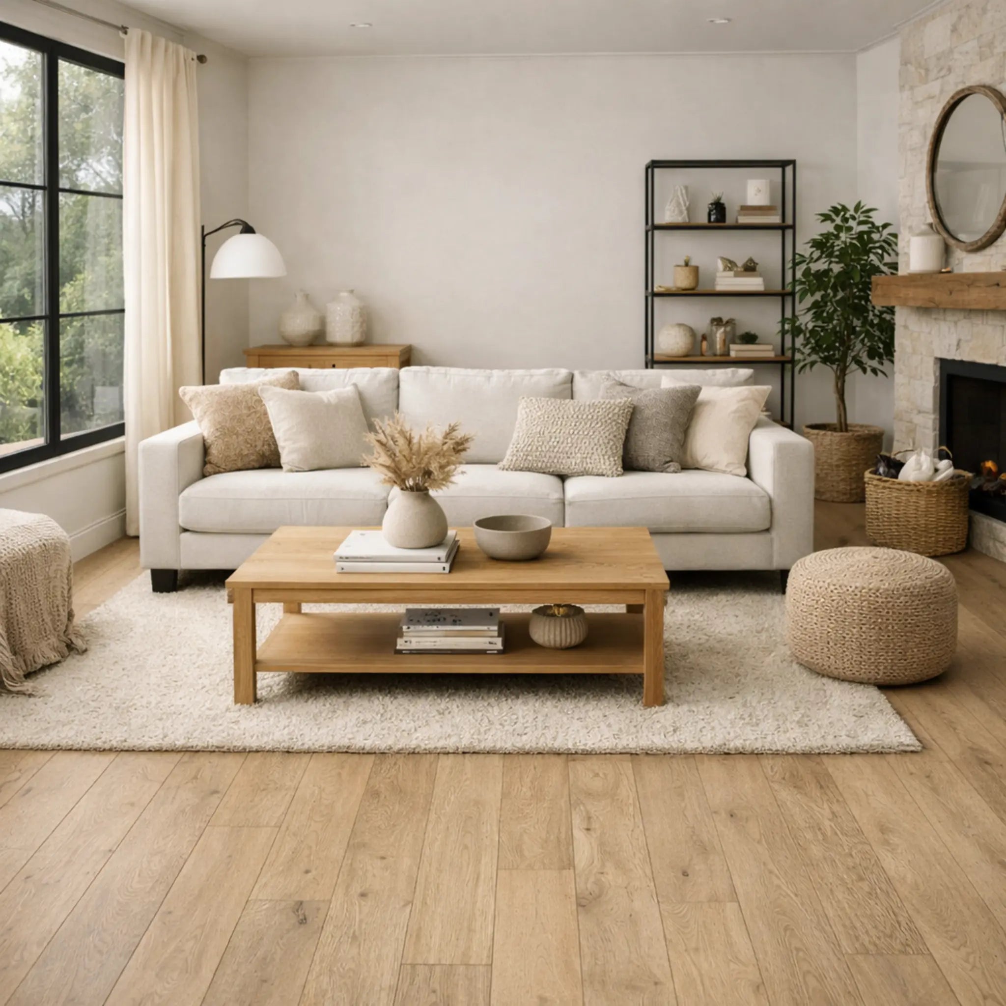 Modern living room with a beige sectional sofa, wooden coffee table, and decorative items.