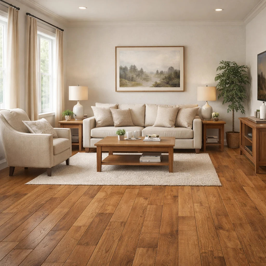 Living room with beige sofa, armchair, wooden coffee table, and decorative elements.