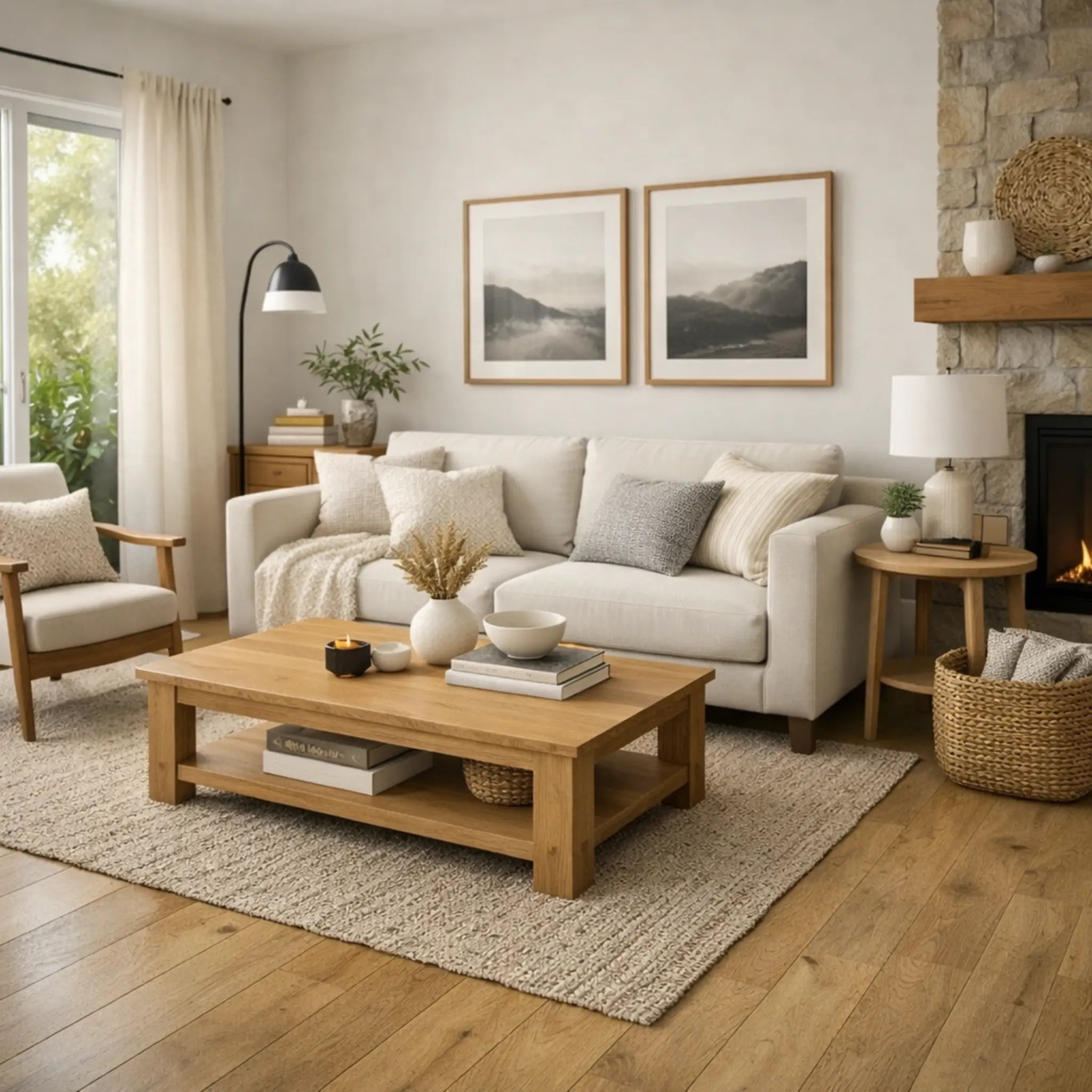 Cozy living room with a beige sofa, wooden coffee table, and fireplace.