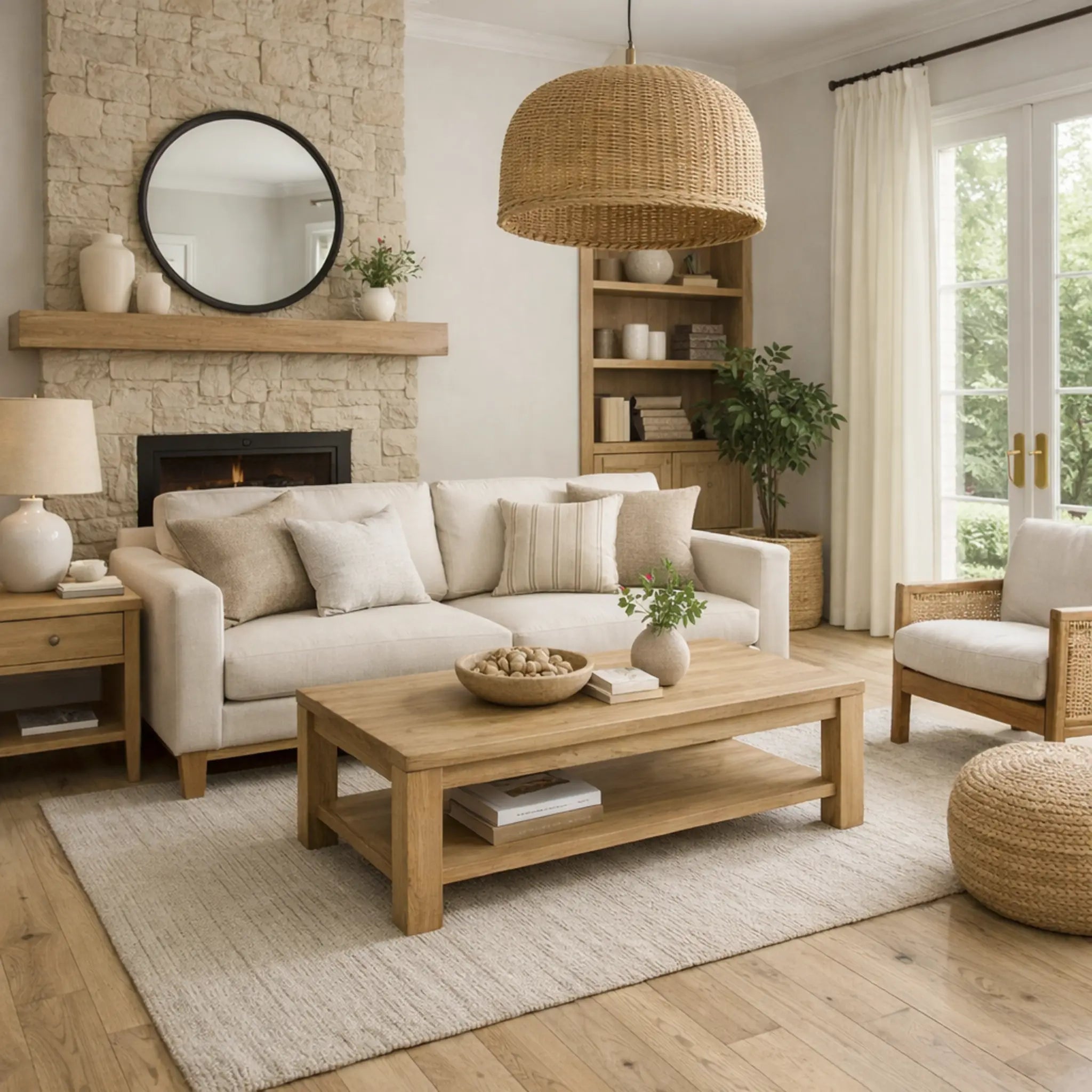 Cozy living room with beige sofa, wooden coffee table, and fireplace.