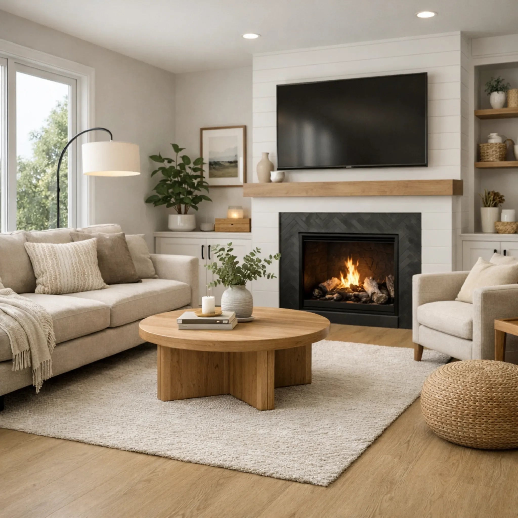 Modern living room with fireplace, TV, and decor