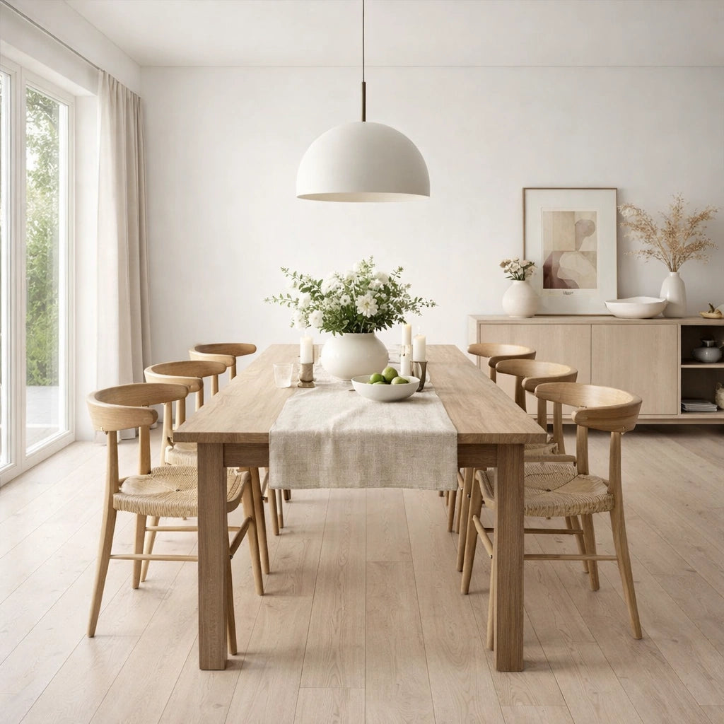 A modern dining room scene featuring a light wood rectangular dining table with woven cane chairs, a beige table runner, a white pendant light, and a neutral-toned sideboard in the background.