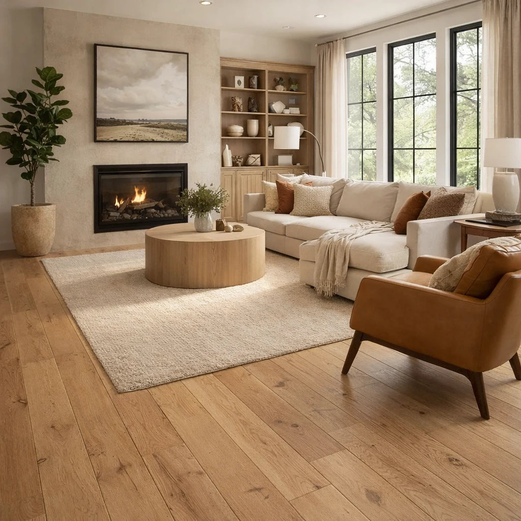 Modern living room with a fireplace, bookshelf, and comfortable seating.